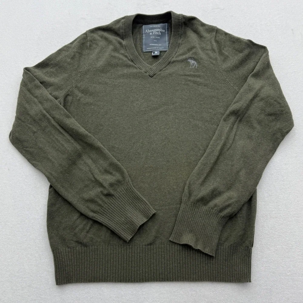 Abercrombie Fitch Mens Size M Medium V Neck Sweater Olive Green Cotton Wool‎ Y2K